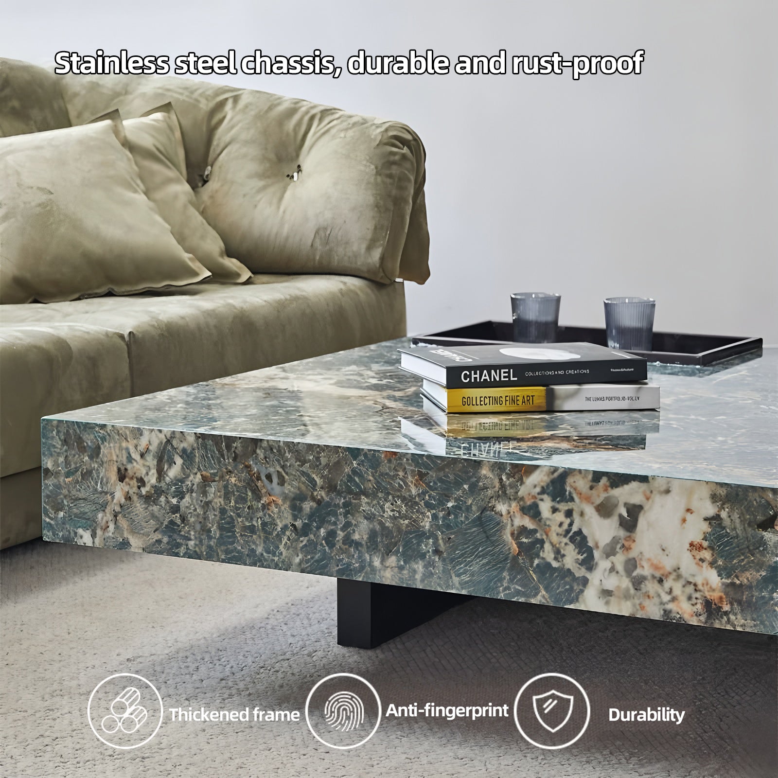 47.24" Square Faux Marble Coffee Table with Stainless Steel Base