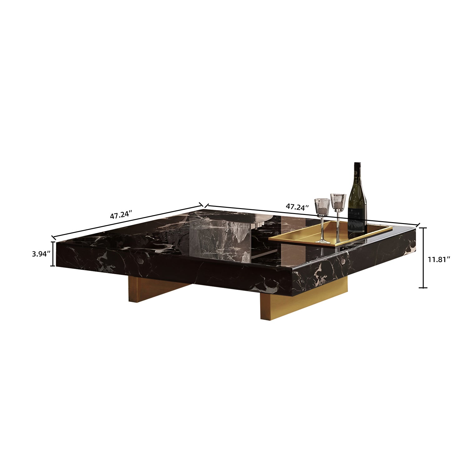 47.24" Square Faux Marble Coffee Table with Stainless Steel Base