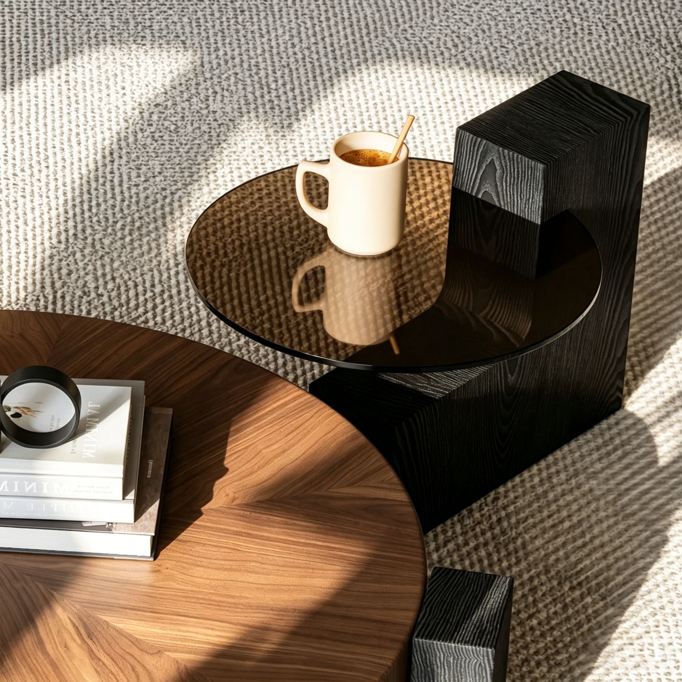 Mid-century coffee table - Round coffee table Walnut & Clear HD Glass Top with Stable Geometric Legs