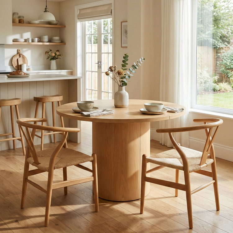 82.68" Modern Organic Style Stretchable Solid Wood Round/ Oval Table, with concealed storage space and casters, can accommodate 8-10 people