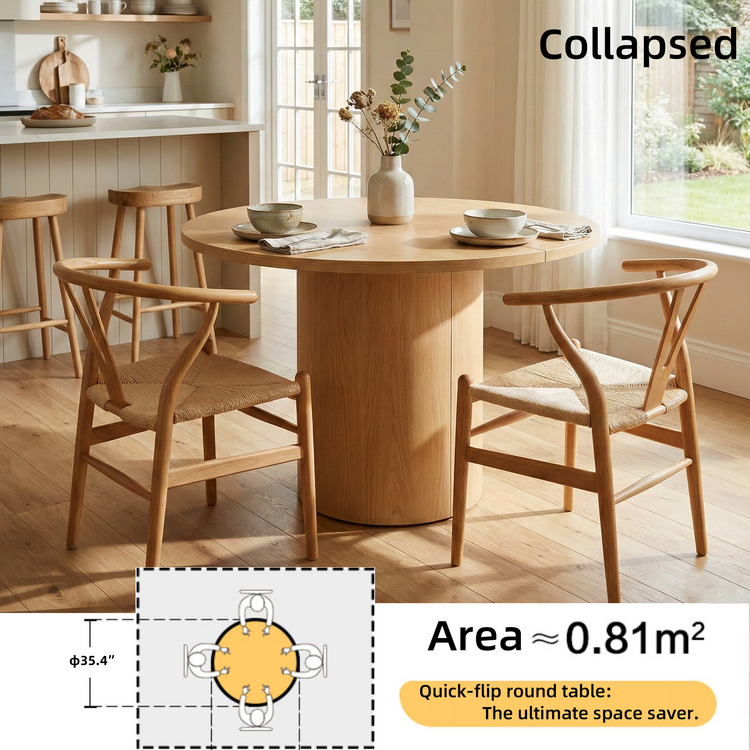 82.68" Modern Organic Style Stretchable Solid Wood Round/ Oval Table, with concealed storage space and casters, can accommodate 8-10 people