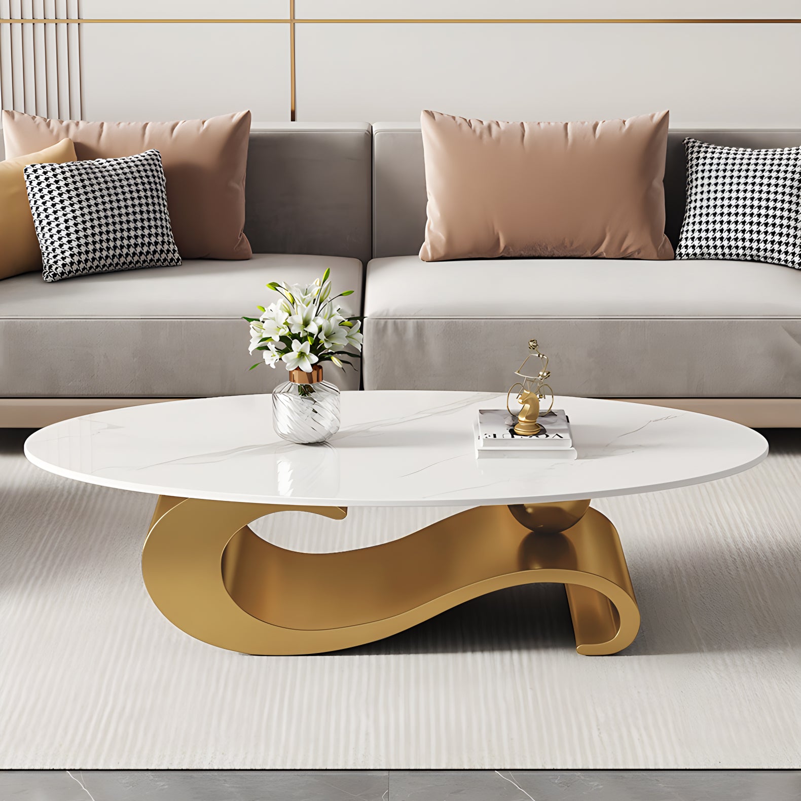 51.2" Oval Faux Marble Coffee Table with Musical-Note Stainless Steel Base