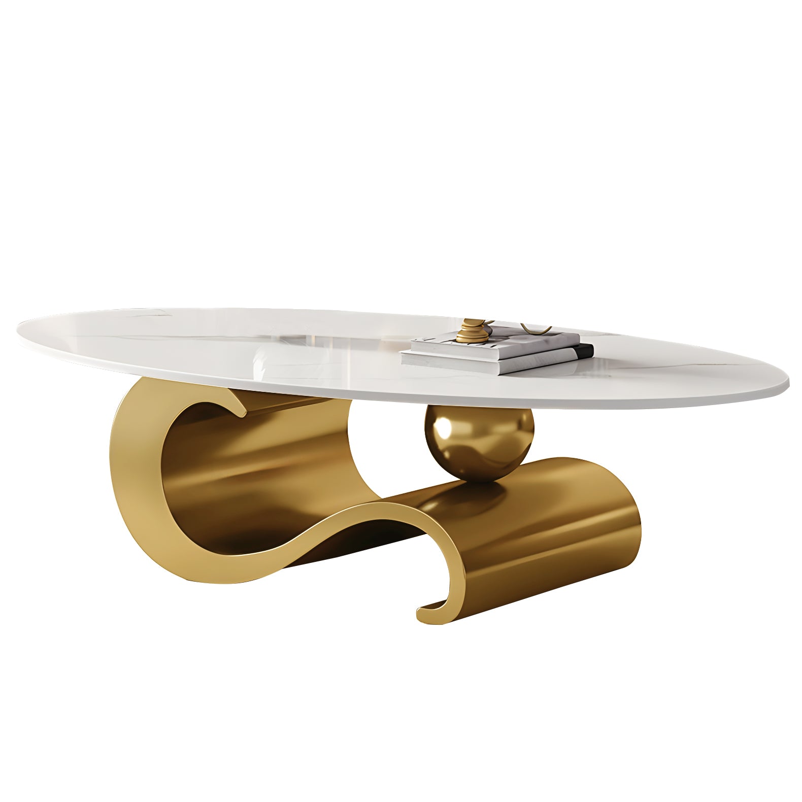 51.2" Oval Faux Marble Coffee Table with Musical-Note Stainless Steel Base