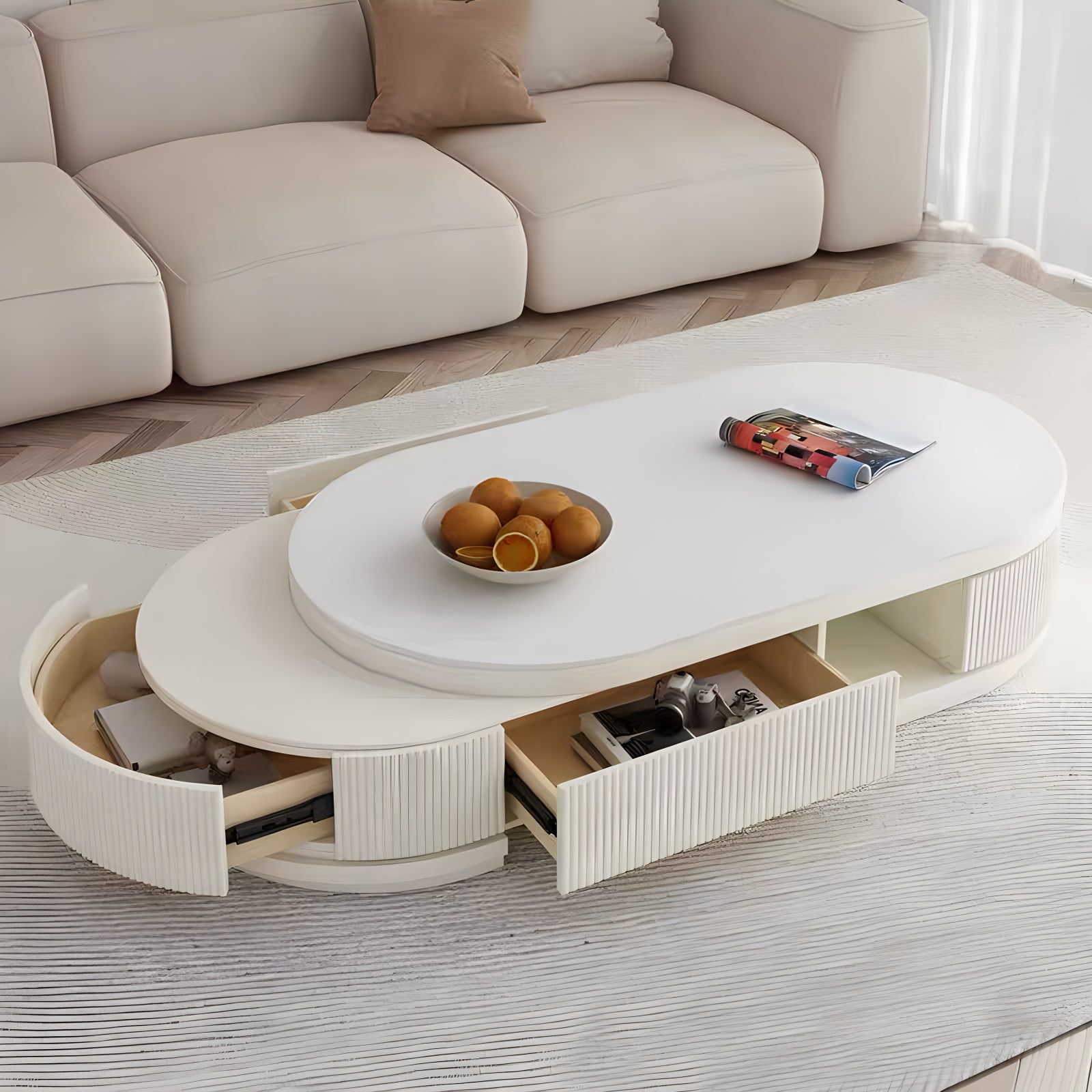 Oval Coffee Table with White Marble-Look Top and 3 Drawers