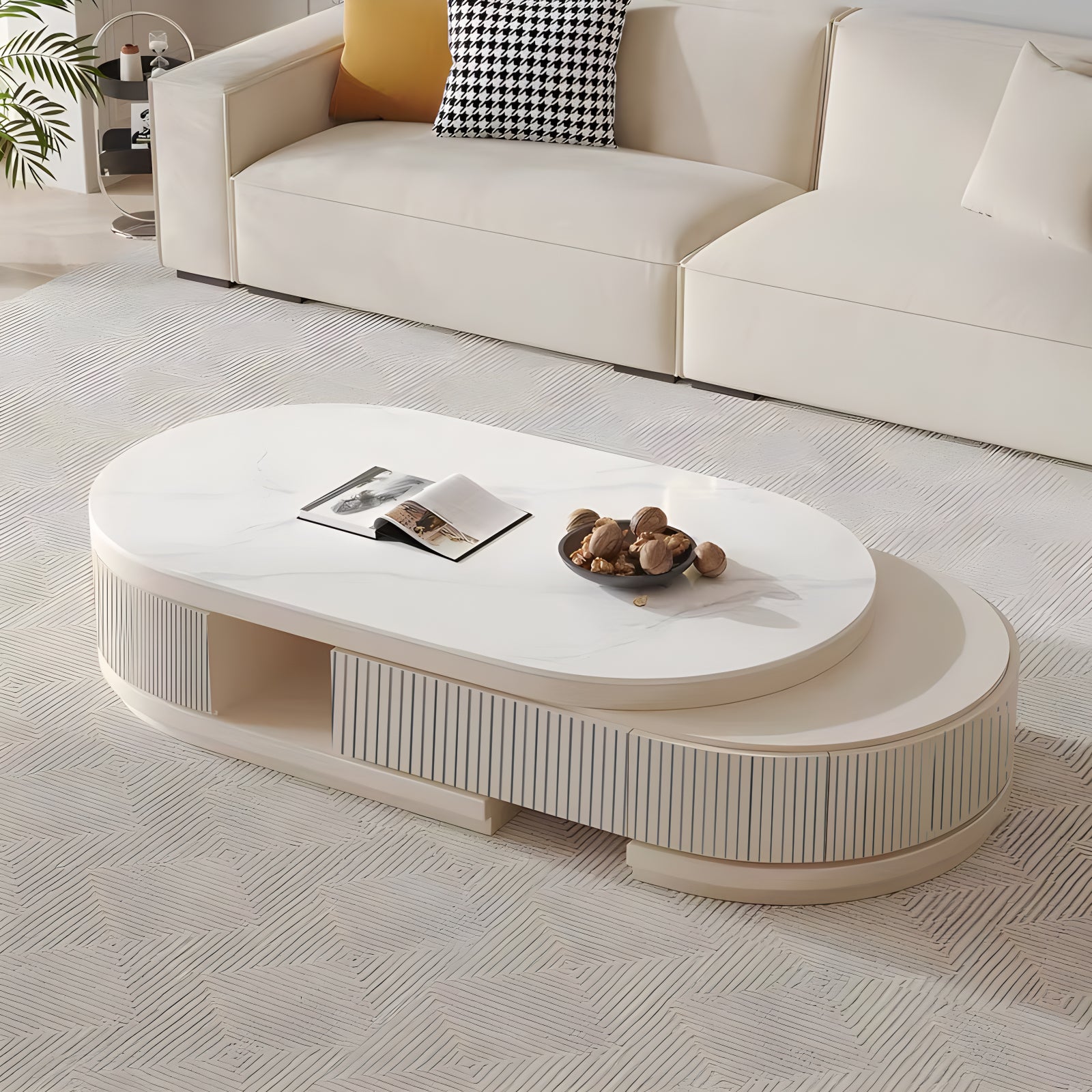 Oval Coffee Table with White Marble-Look Top and 3 Drawers
