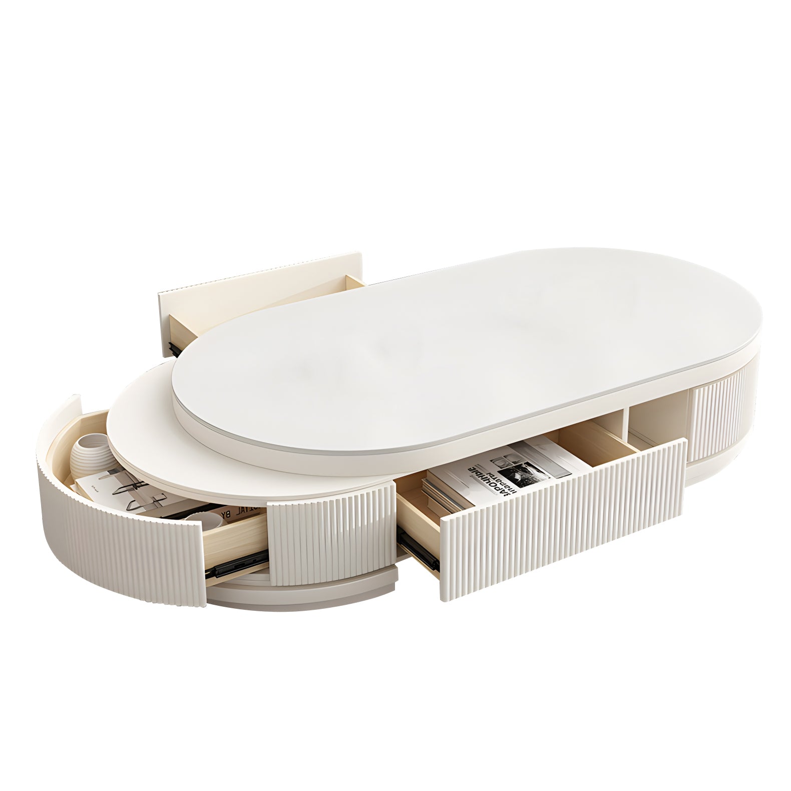 Oval Coffee Table with White Marble-Look Top and 3 Drawers