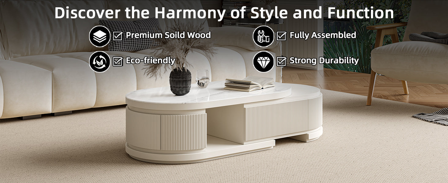 Oval Coffee Table with White Marble-Look Top and 3 Drawers