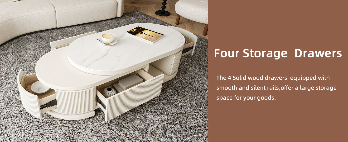 Oval Coffee Table with White Marble-Look Top and 3 Drawers