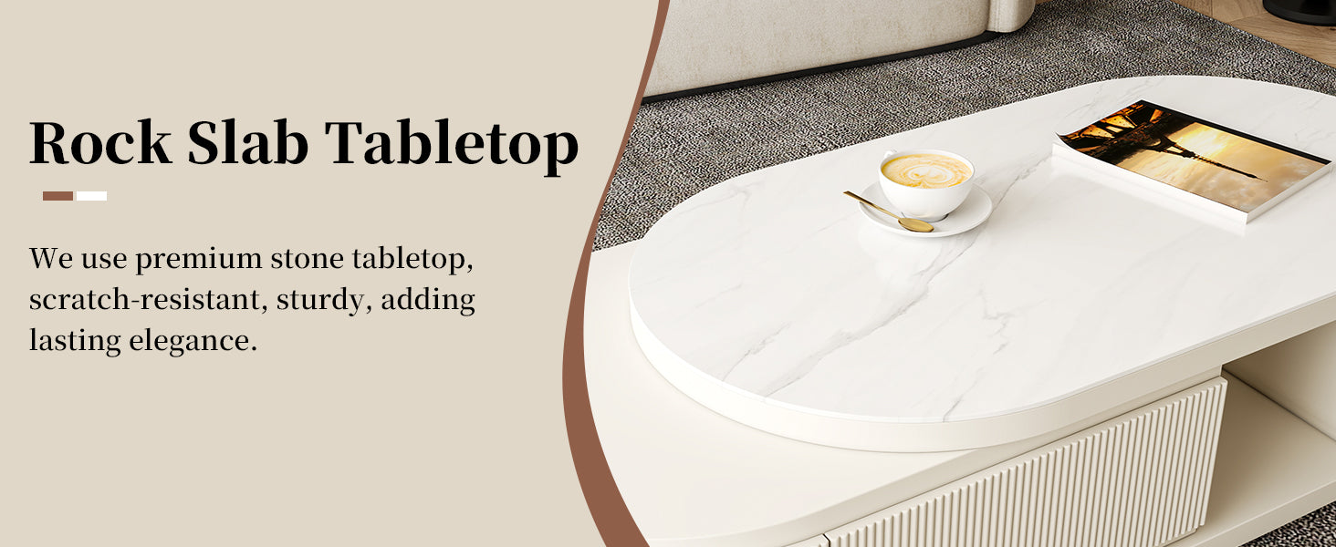 Oval Coffee Table with White Marble-Look Top and 3 Drawers