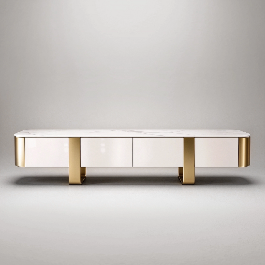 78.74" Modern TV Stand, White Stone Top with Gold Legs & 4 Drawers