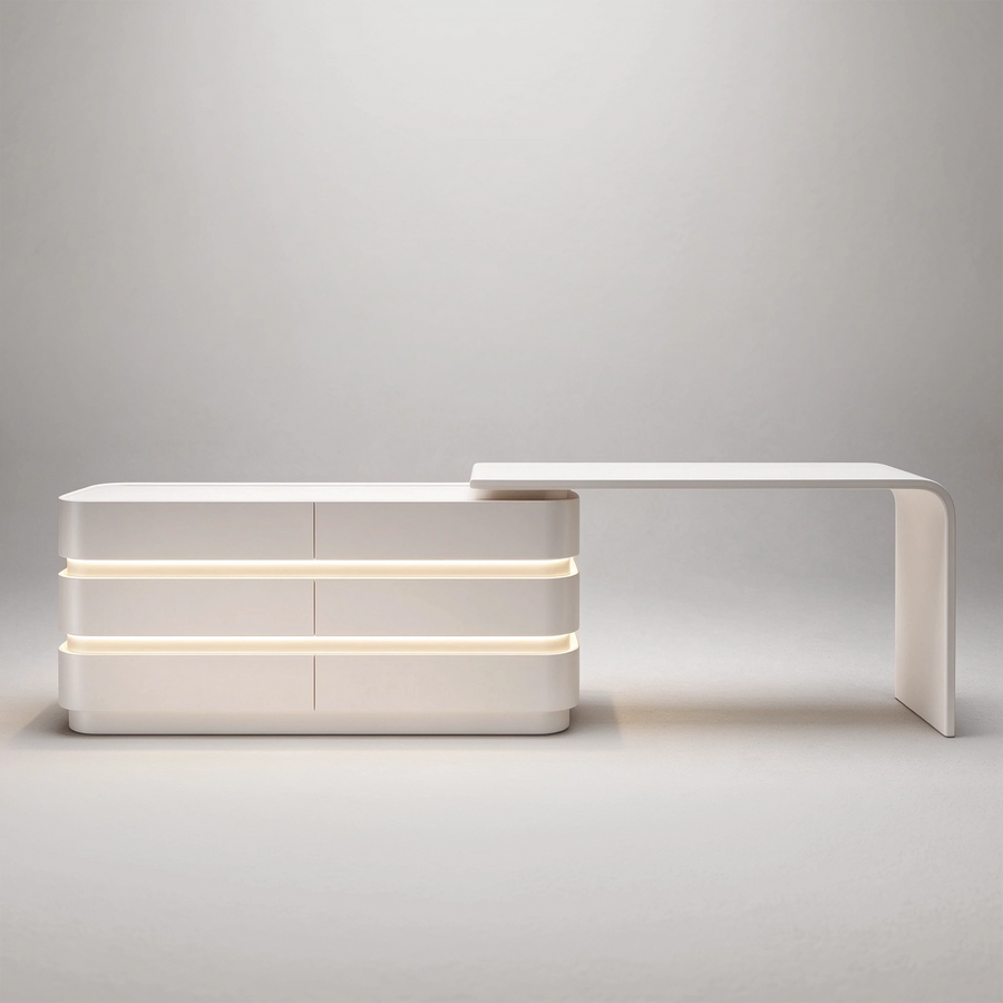 54.3" - 90.55" Cream Style Expandable Dressing Table, featuring 6 drawers and an integrated lamp