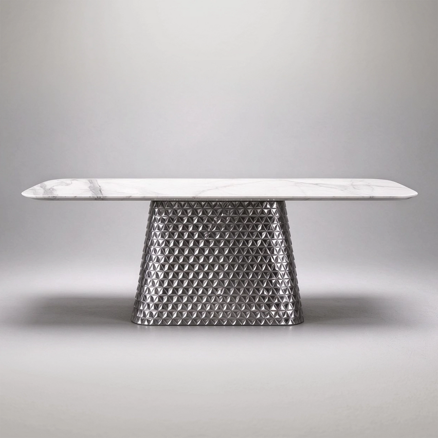 70.86" Modern-style marble dining table, with a diamond-patterned stainless steel base, capable of seating 6-8 people