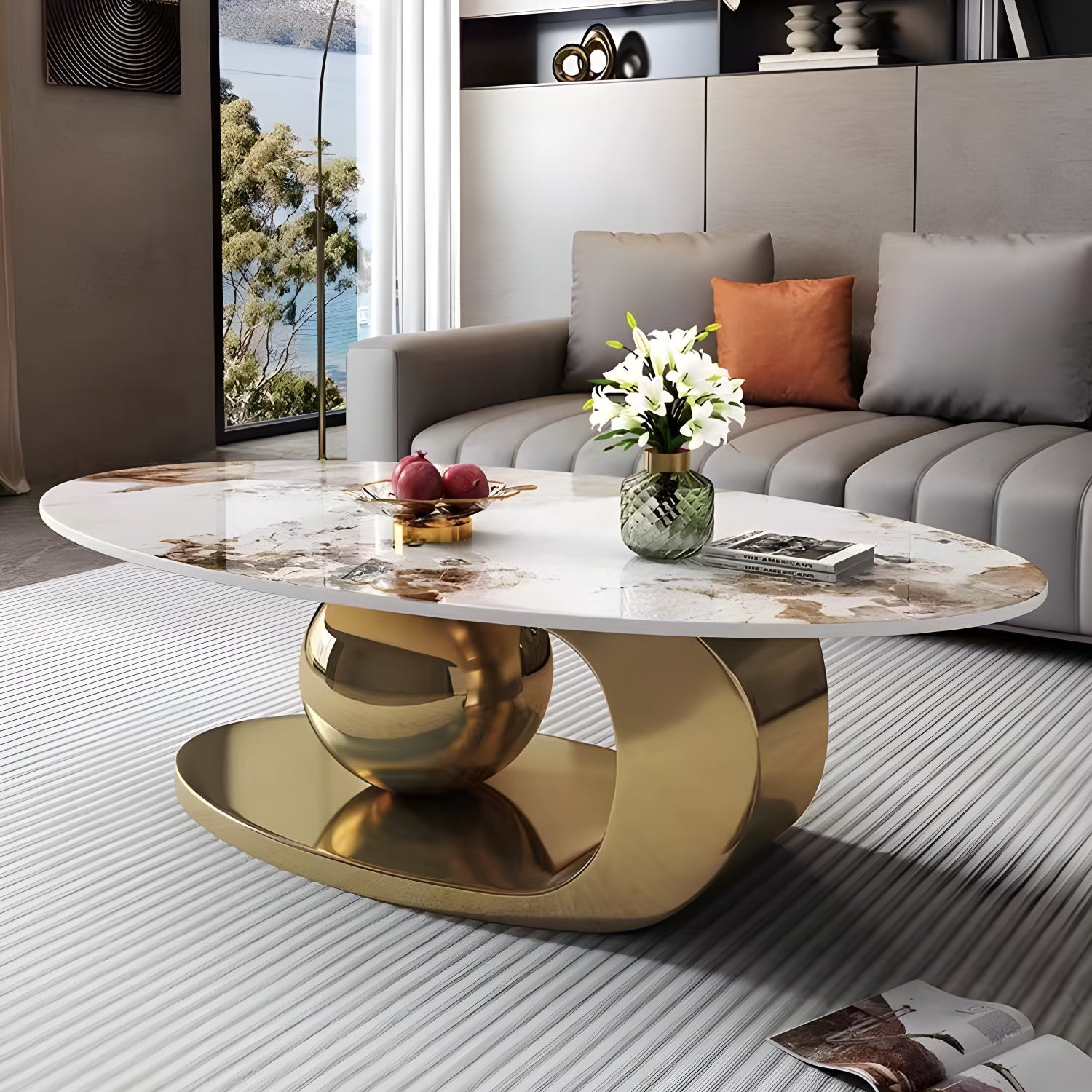 51.2" Oversized Oval Coffee Table with Stainless Steel Base