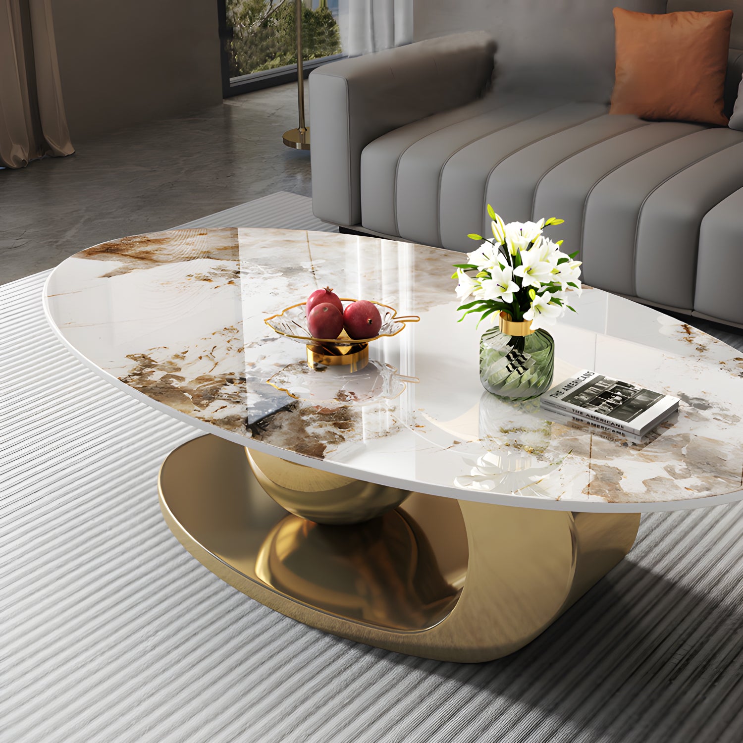 51.2" Oversized Oval Coffee Table with Stainless Steel Base