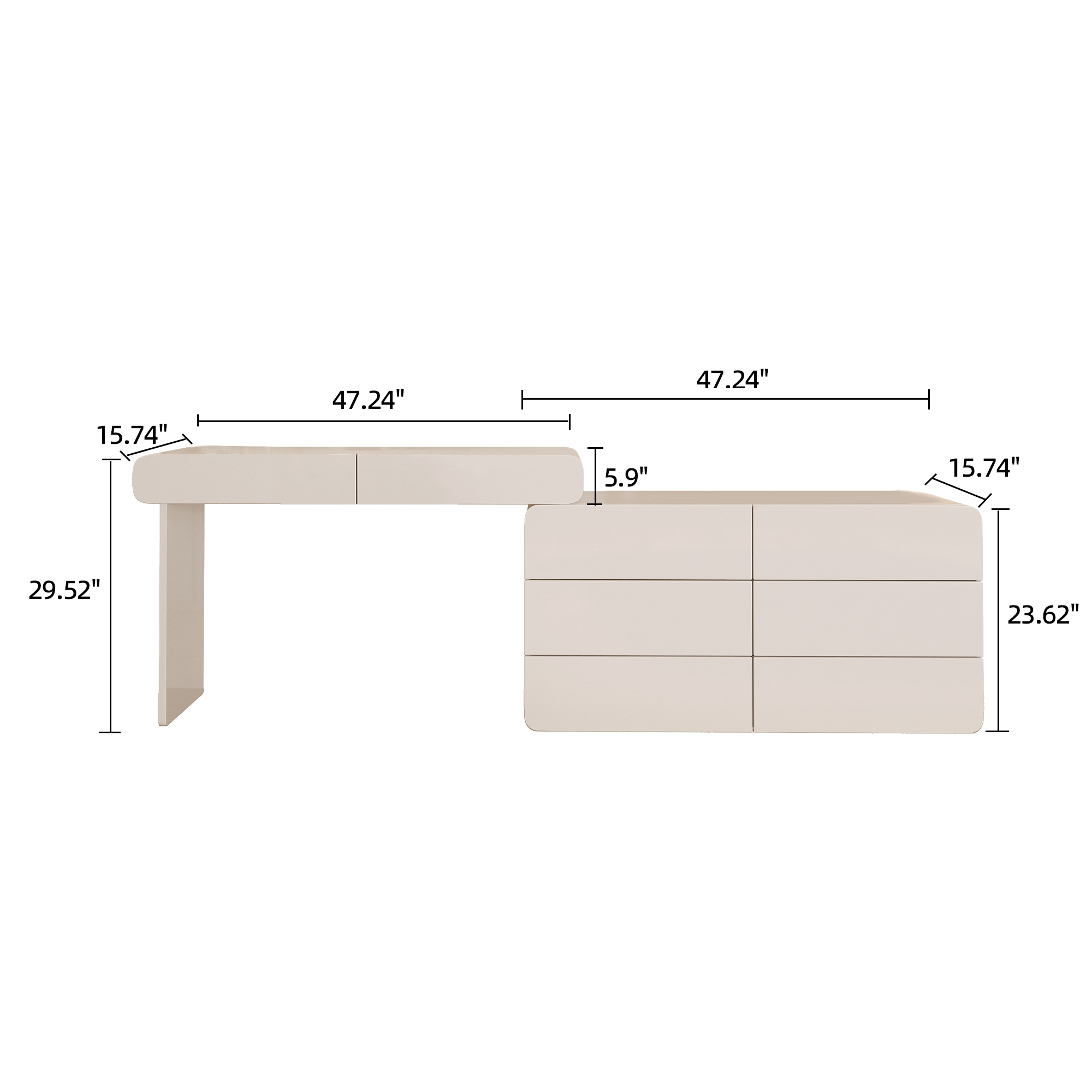 Expandable Cream Makeup Vanity Desk, 47.24"–90" Wide