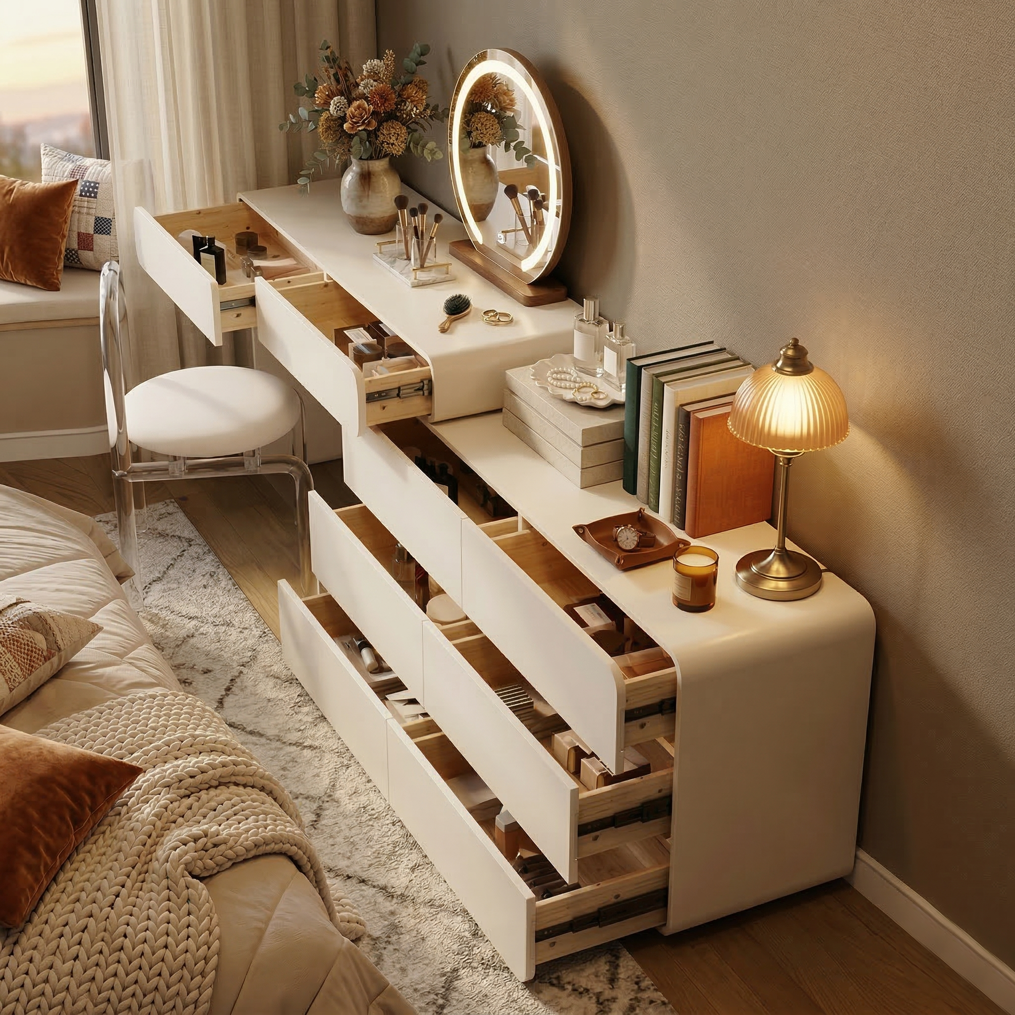 Expandable Cream Makeup Vanity Desk, 47.24"–90" Wide