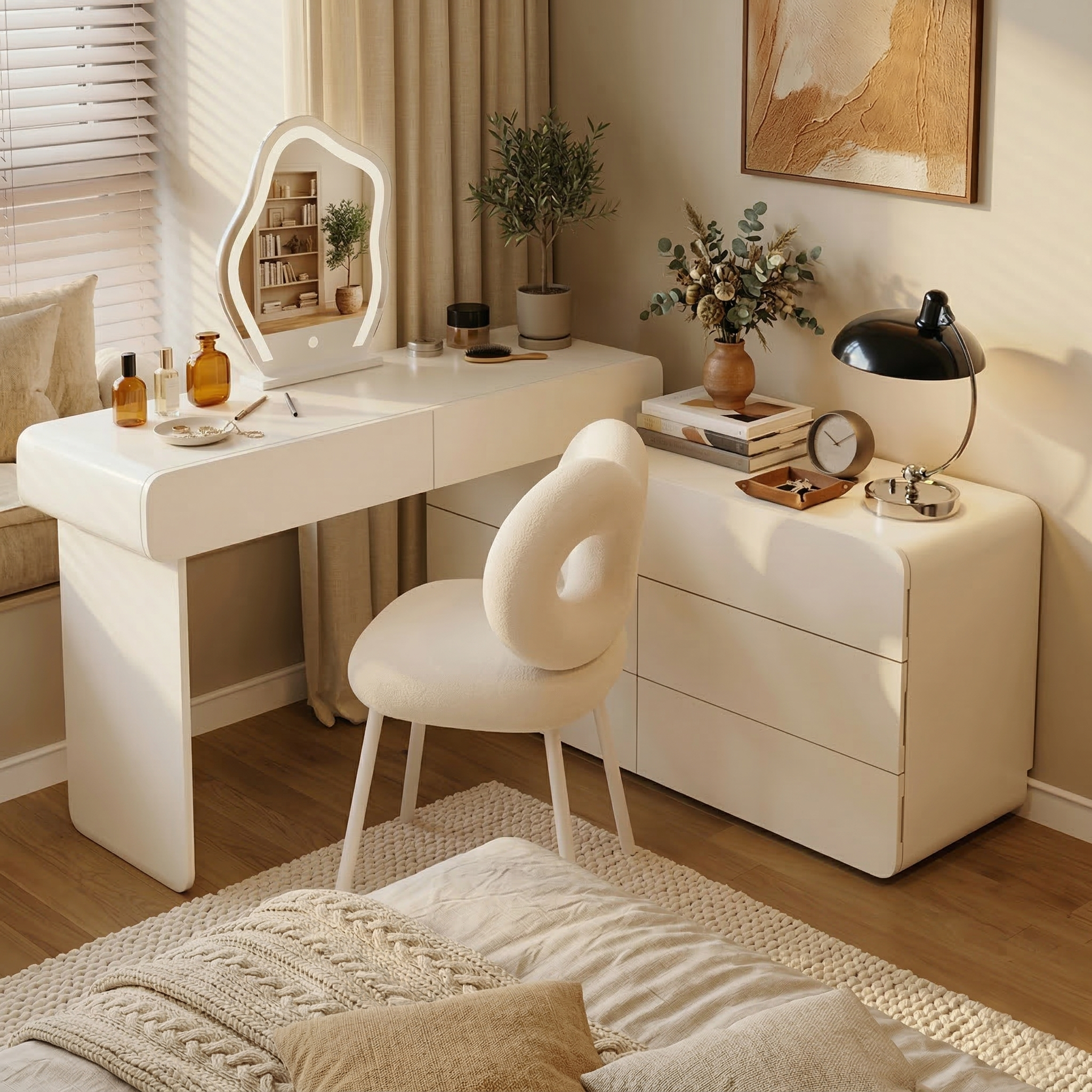 Expandable Cream Makeup Vanity Desk, 47.24"–90" Wide