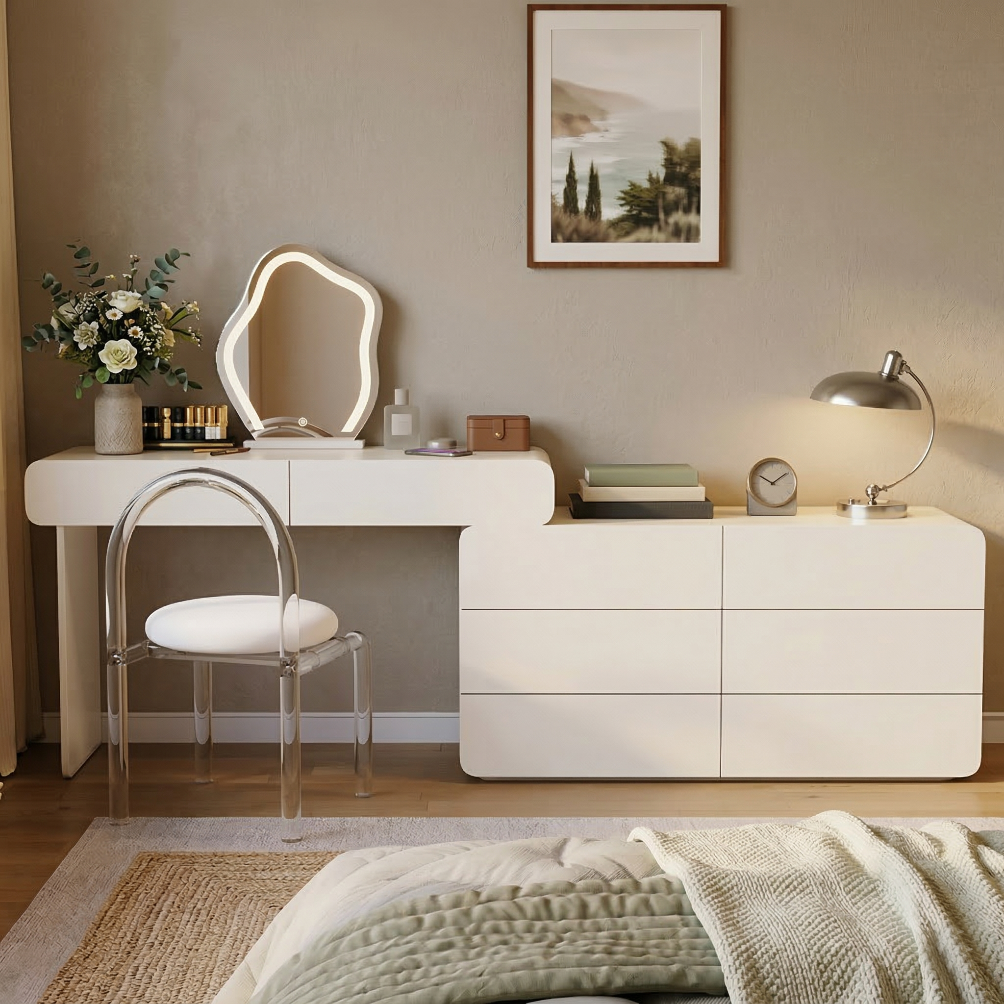 Expandable Cream Makeup Vanity Desk, 47.24"–90" Wide