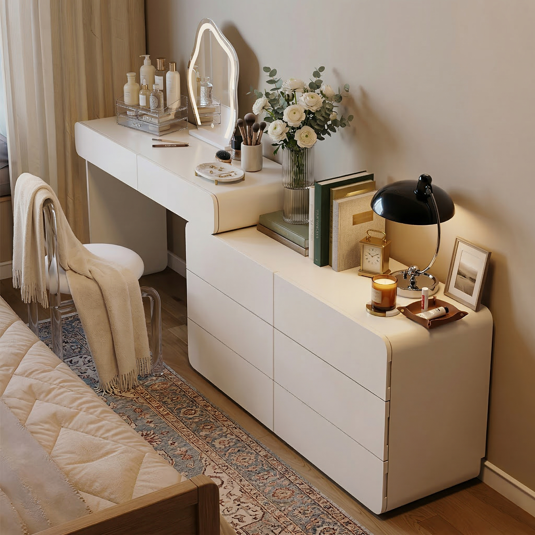 Expandable Cream Makeup Vanity Desk, 47.24"–90" Wide