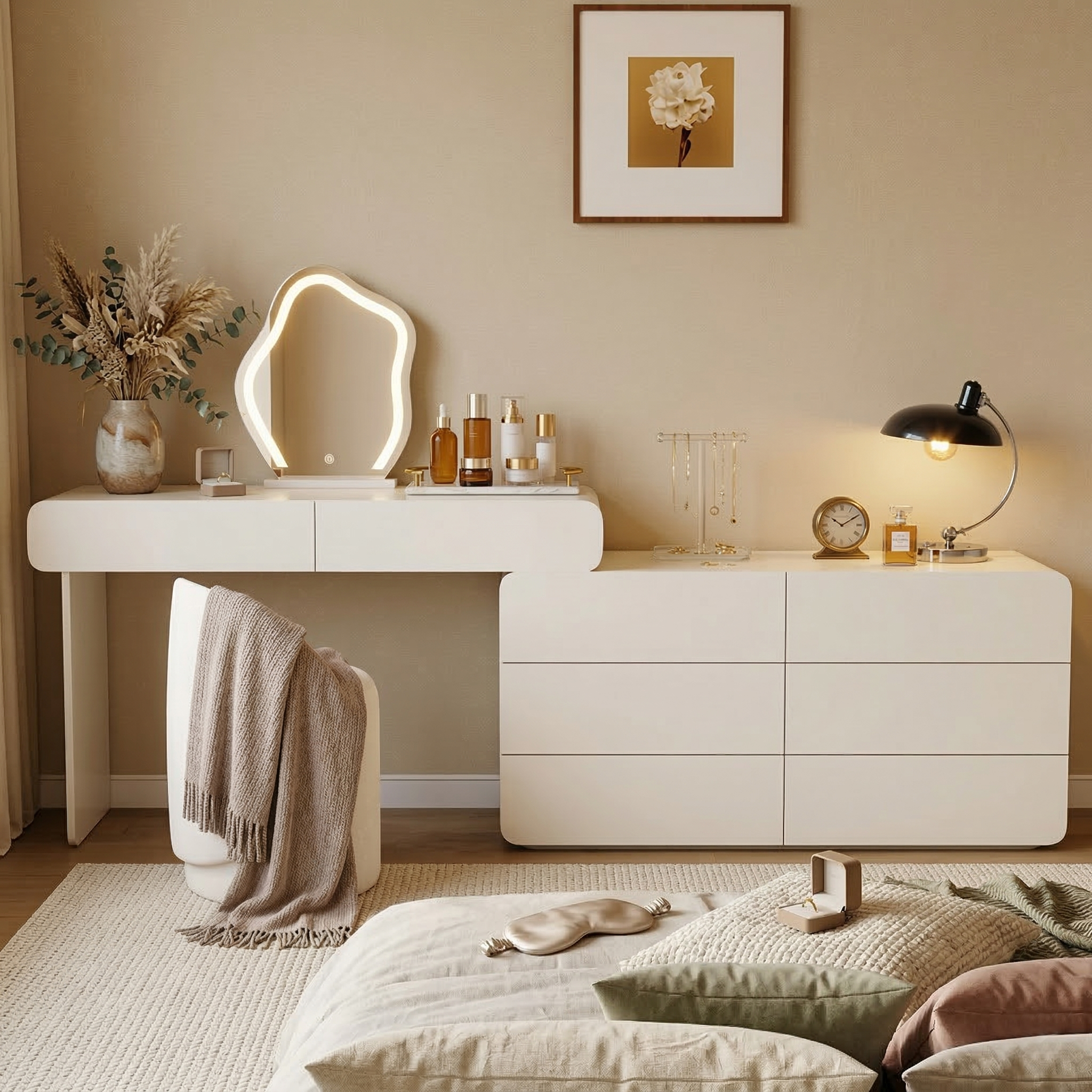 Expandable Cream Makeup Vanity Desk, 47.24"–90" Wide