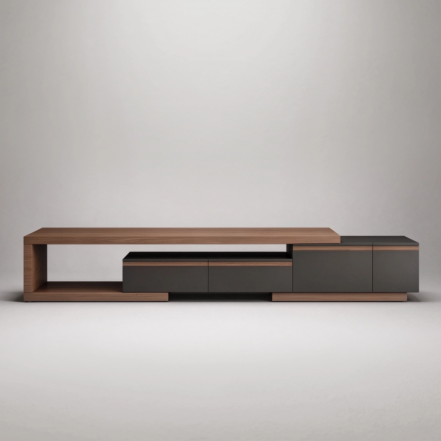 78.74"–98.42" Extendable TV Stand, Walnut Veneer with 3 Drawers & Cabinet Storage