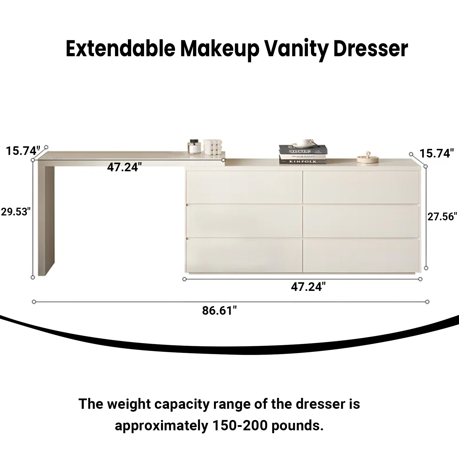 Cream White Extendable Makeup Vanity Dresser with 6 Drawers, L-Shaped Table & Scalable Design