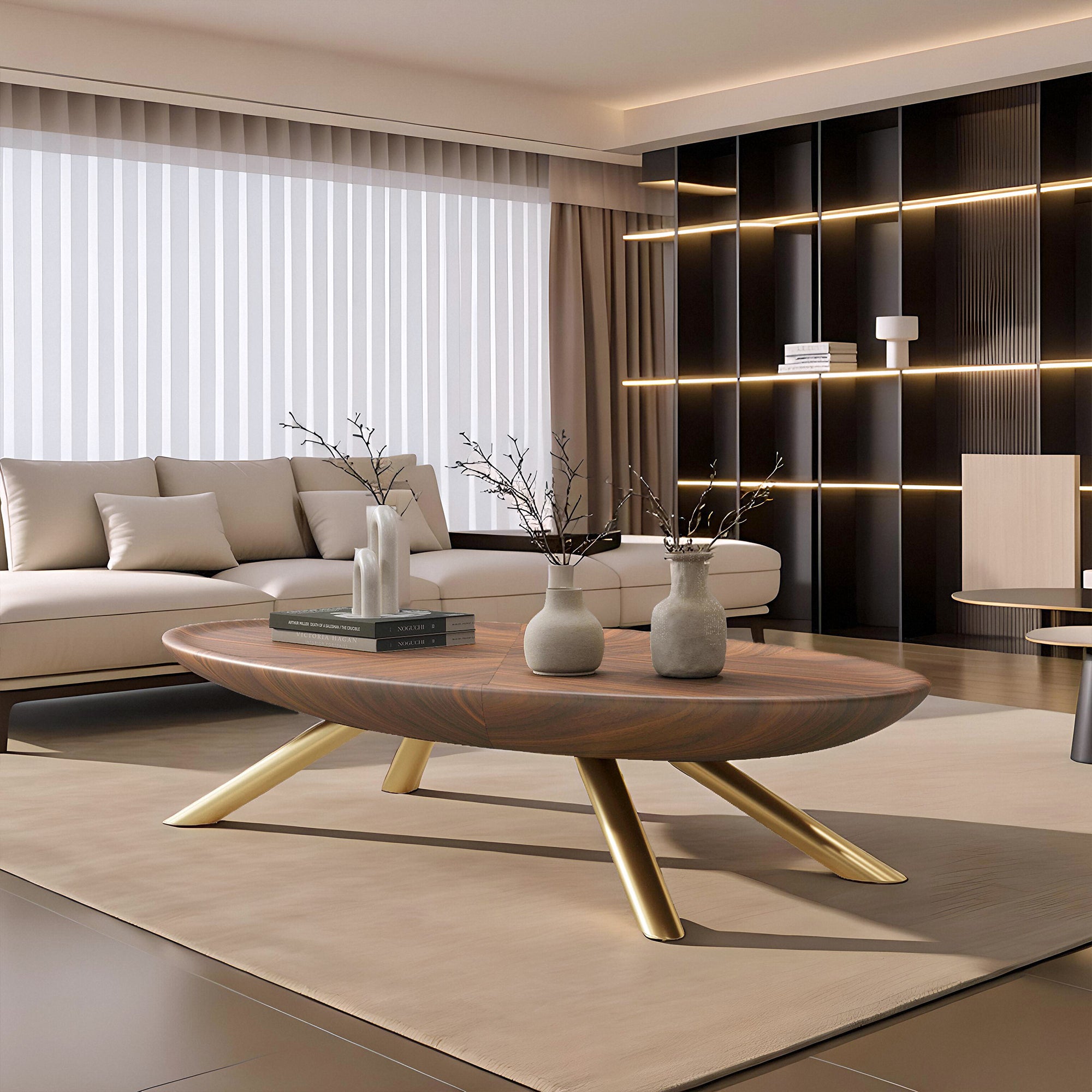Modern Oval Coffee Table with Wood-Grain Finish and Gold Accents - View 4