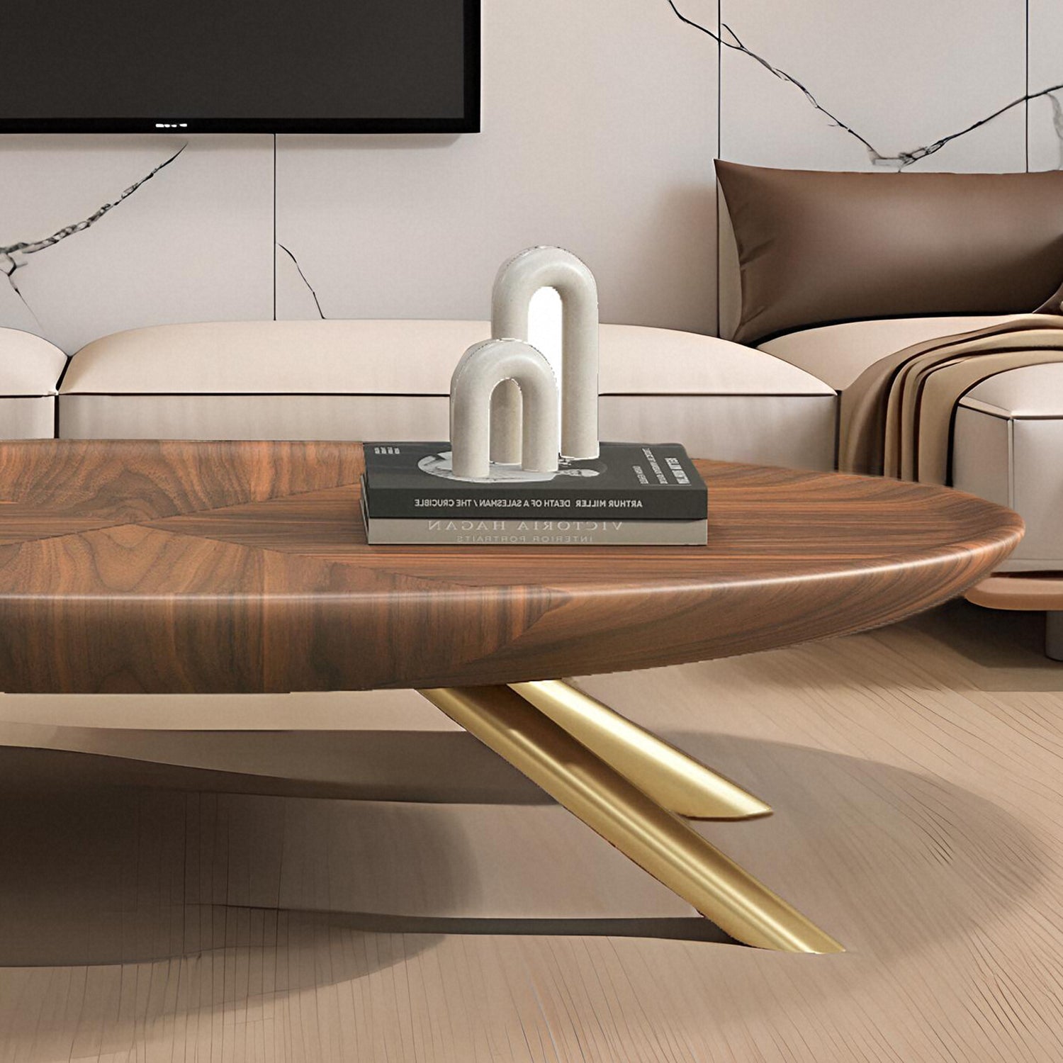 Modern Oval Coffee Table with Wood-Grain Finish and Gold Accents - View 9