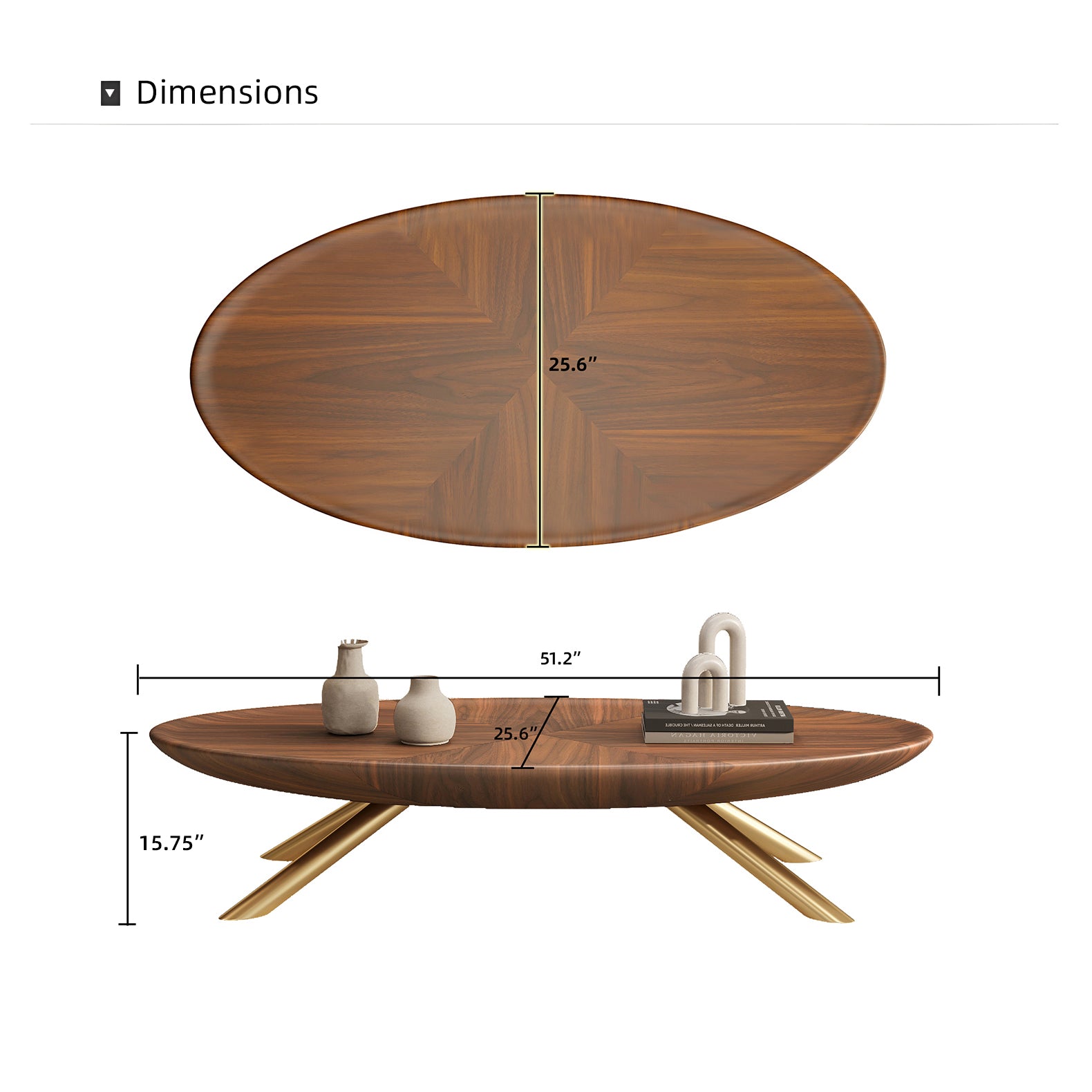 Modern Oval Coffee Table with Wood-Grain Finish and Gold Accents - View 11