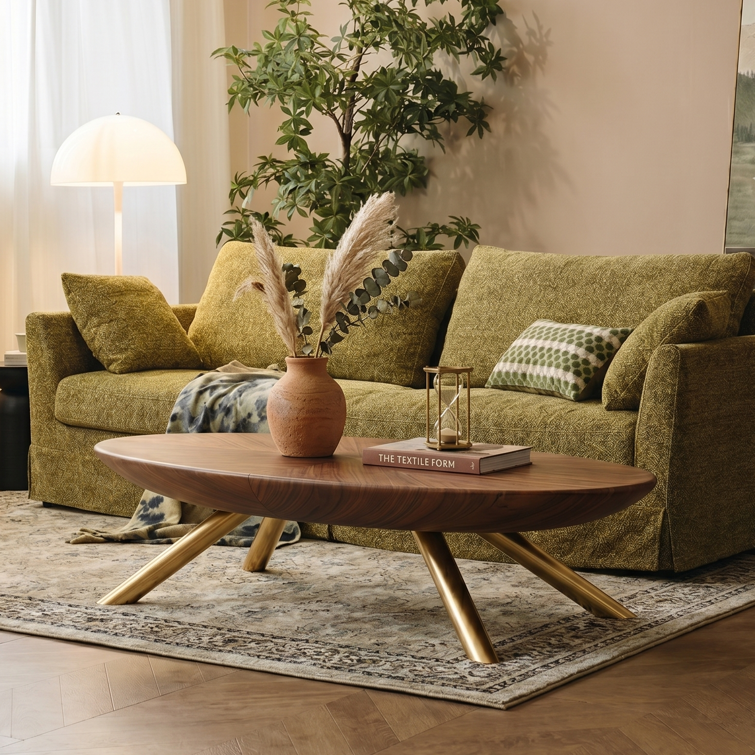 Modern Oval Coffee Table with Wood-Grain Finish and Gold Accents - View 2