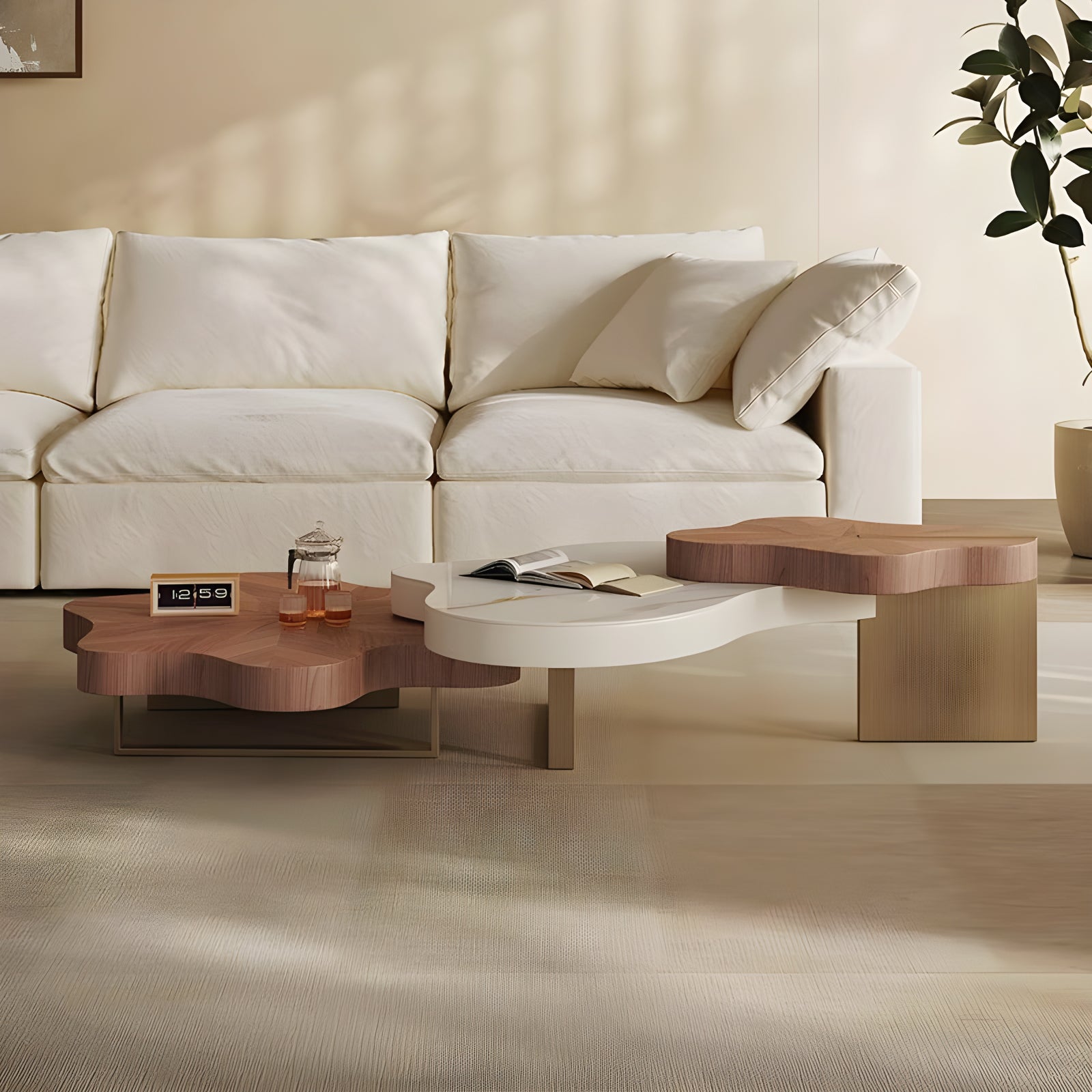 Cloud-Shaped Irregular Coffee Table Set with Faux Marble Top