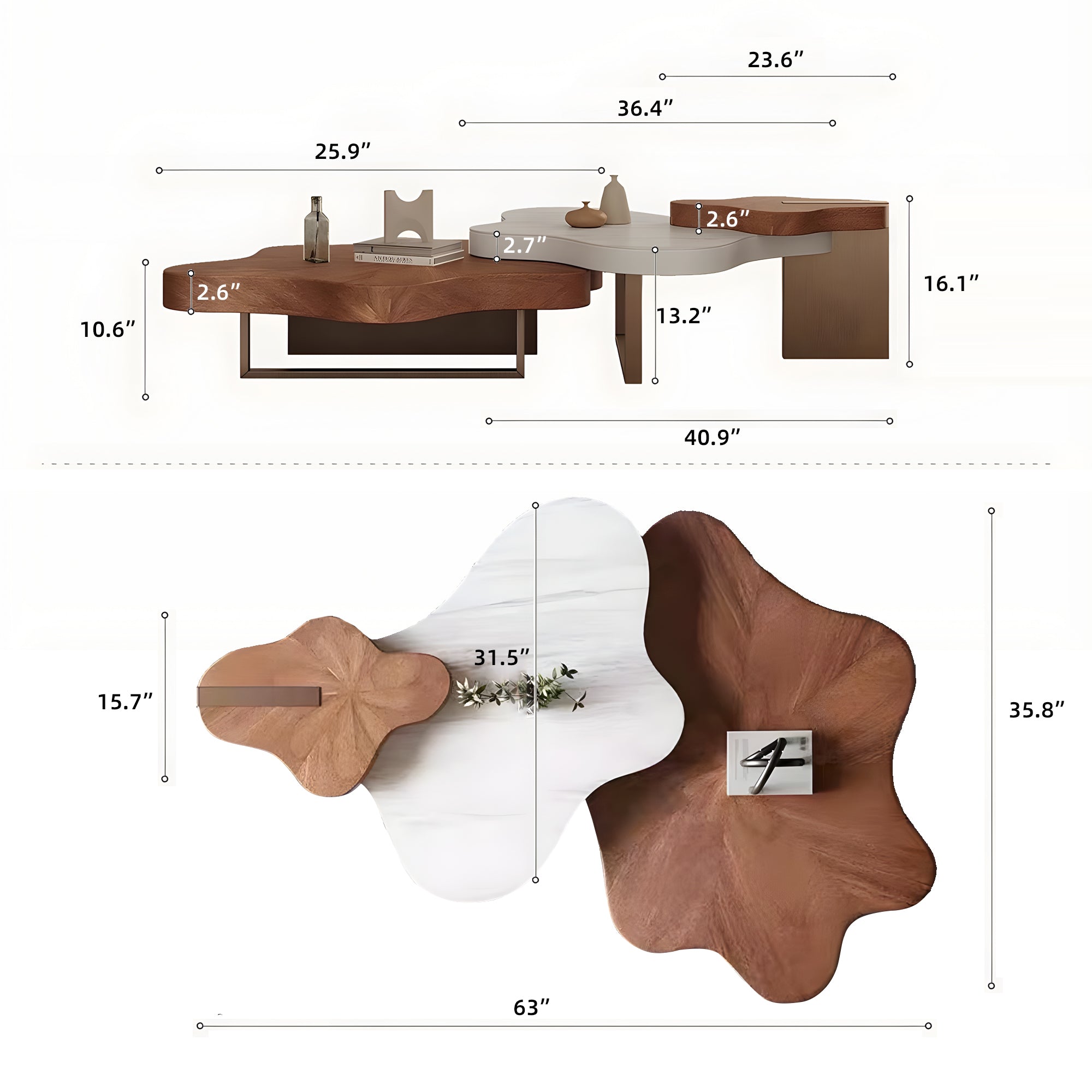Cloud-Shaped Irregular Coffee Table Set with Faux Marble Top