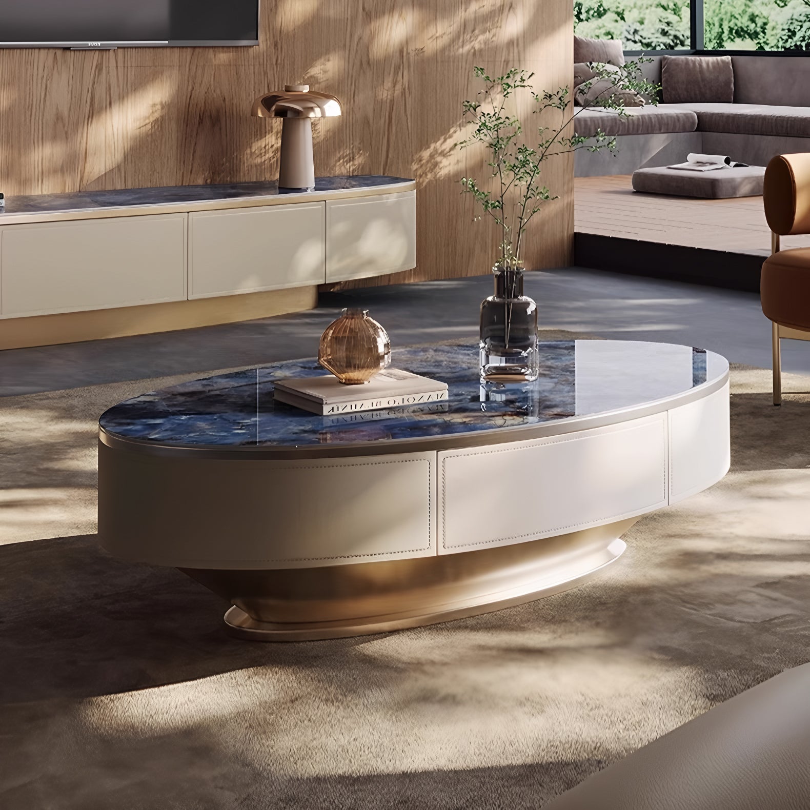 Oval Coffee Table with Sapphire Top and Leather Veneer Base