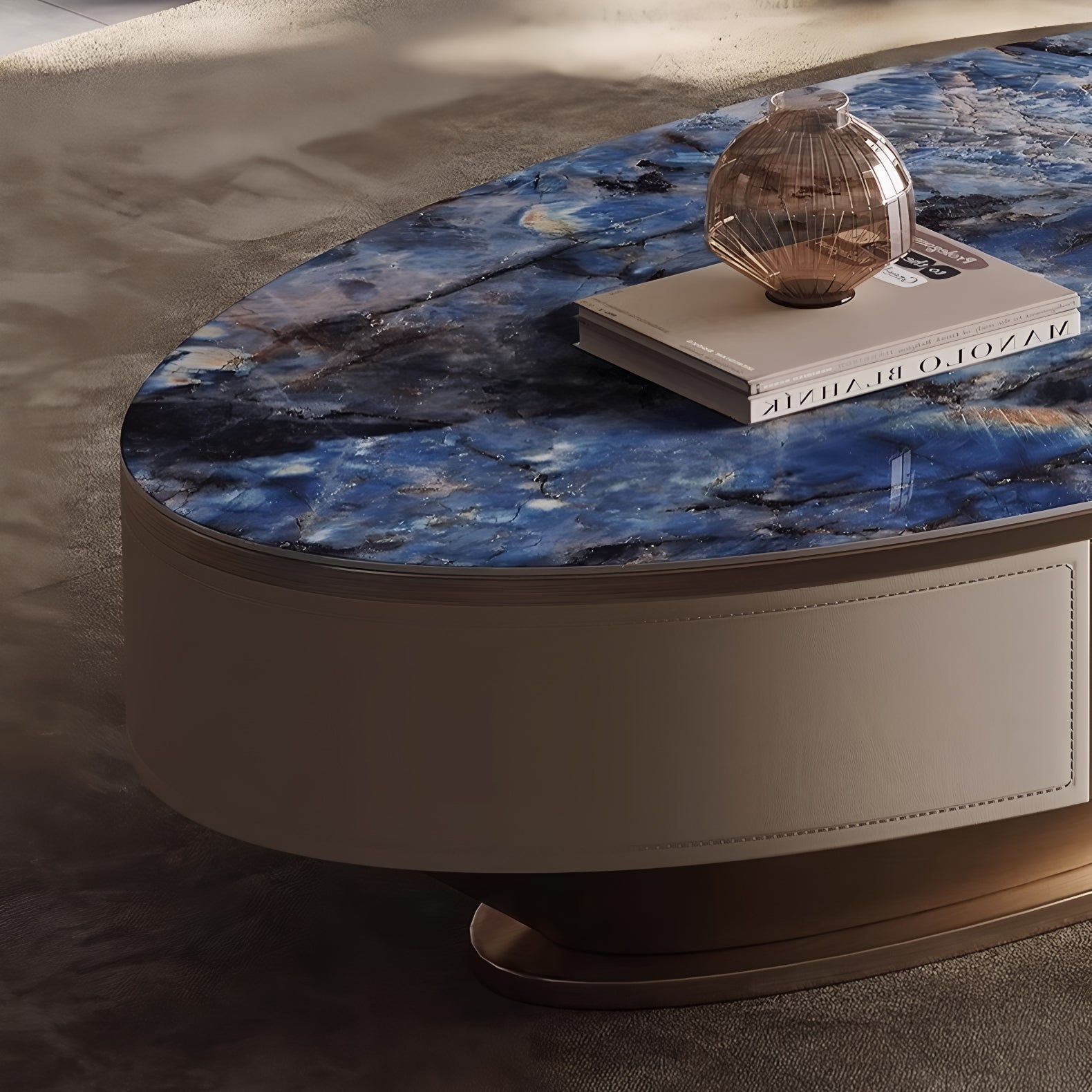 Oval Coffee Table with Sapphire Top and Leather Veneer Base