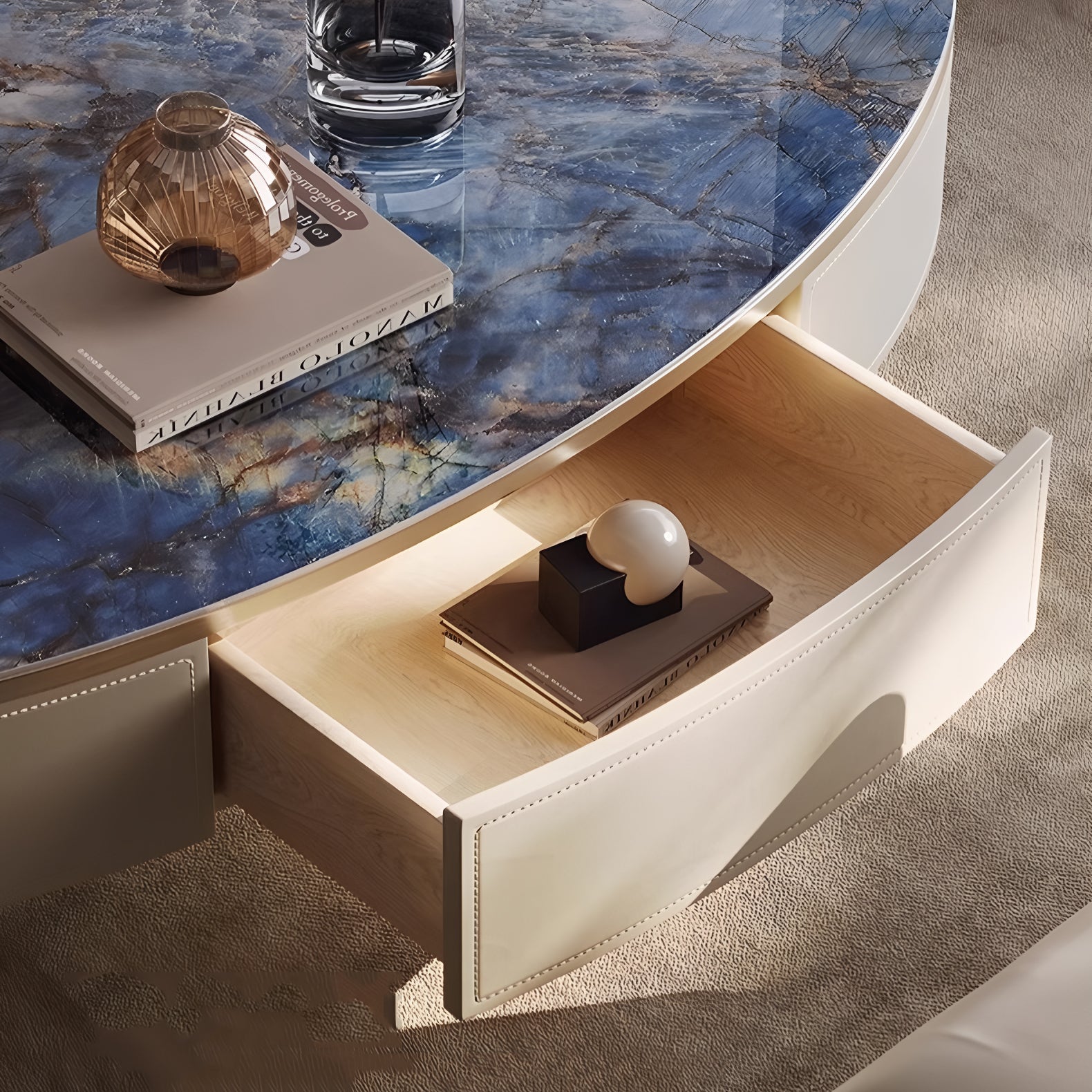 Oval Coffee Table with Sapphire Top and Leather Veneer Base
