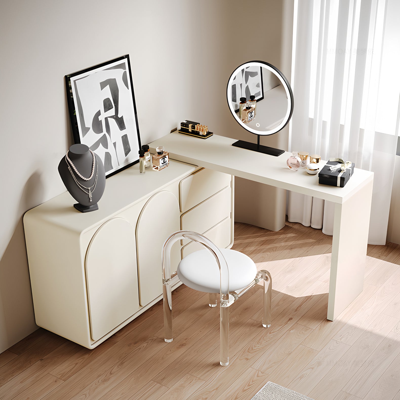 Modern Rotating Extendable Makeup Vanity with Storage - View 9