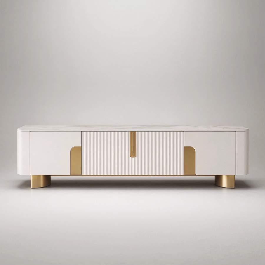 78.74" Modern TV Stand, Faux Marble Top with Fluted Doors & Gold-Tone Base