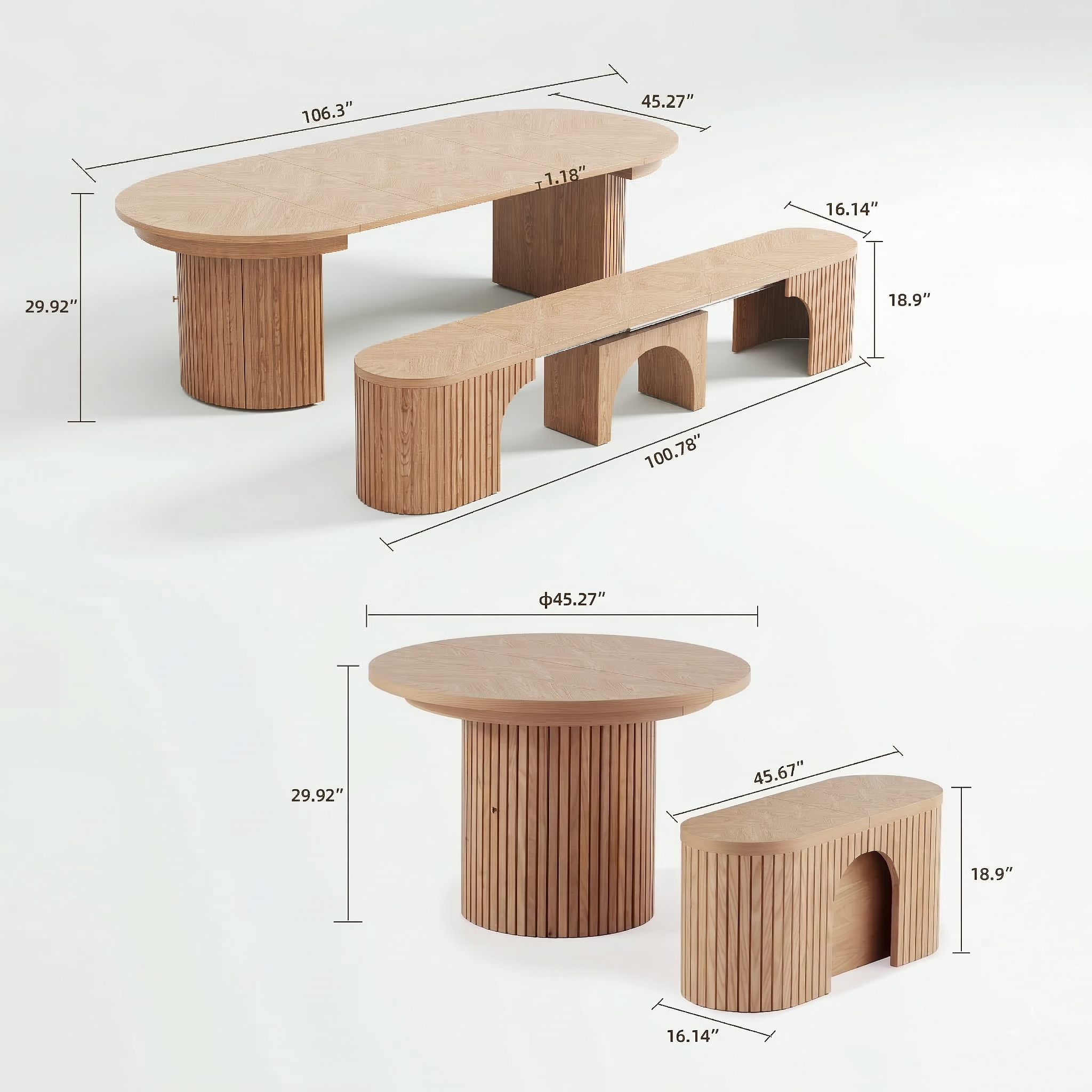 Solid Wood Extendable Dining Table and Bench Set, 45.27"–106.30", Seats 2–10 - View 3