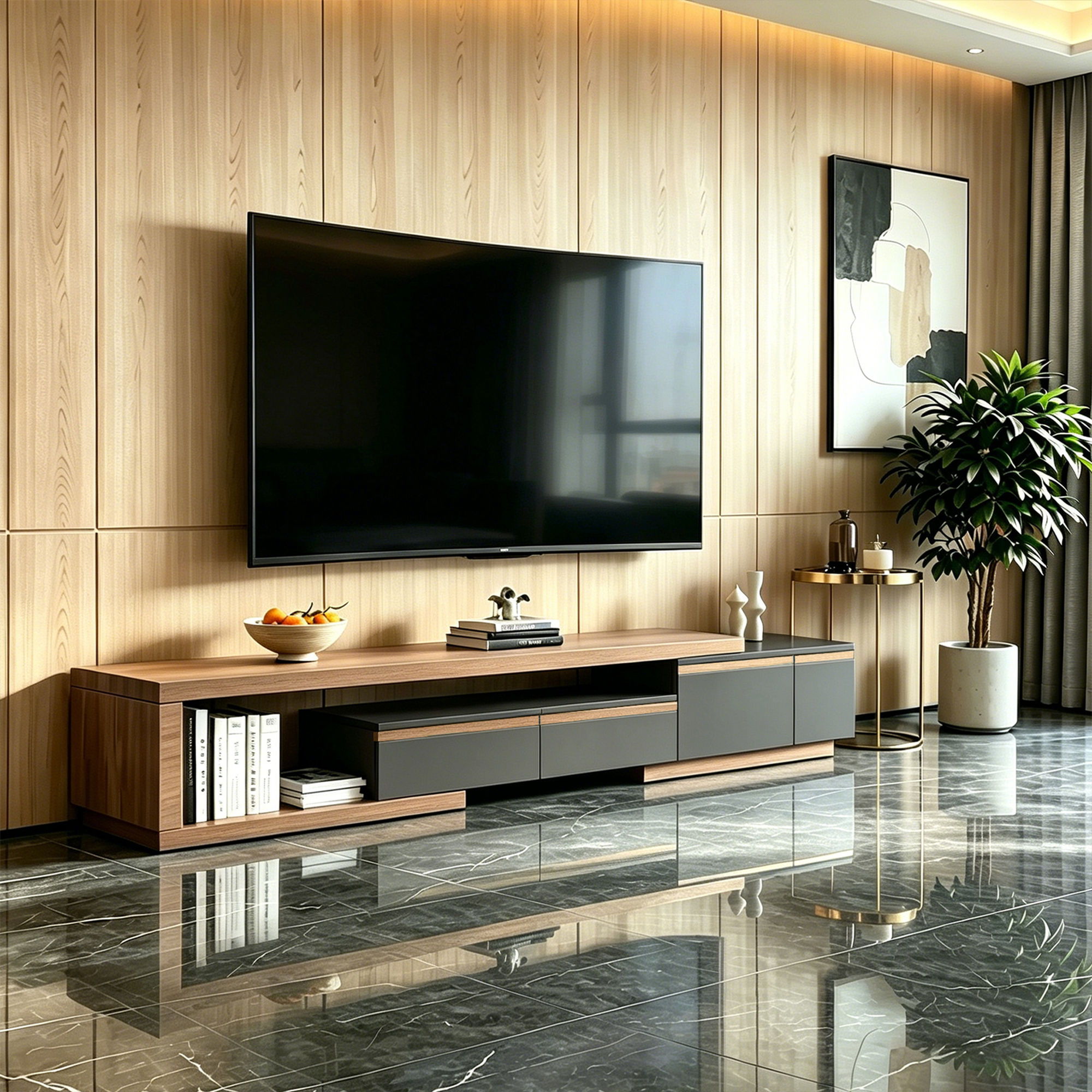 Adjustable-Length Modern Light Luxury TV Stand: Walnut Veneer Top & Spacious Storage