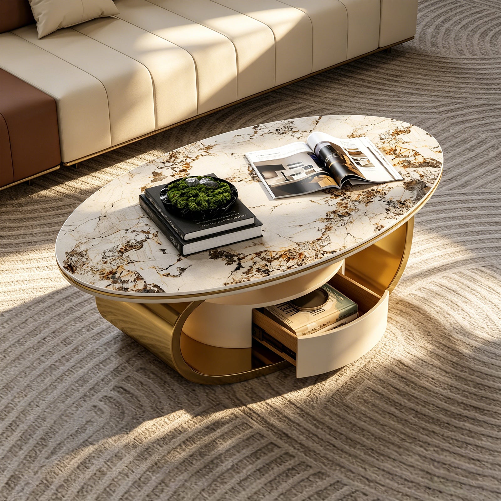 Modern Luxury Coffee Table: Scratch-Resistant Faux Marble Surface, Polished Gold Frame & Hidden Drawer