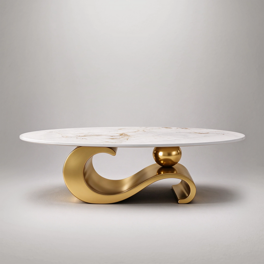 51.2" Oval Faux Marble Coffee Table, Musical-Note Stainless Steel Base