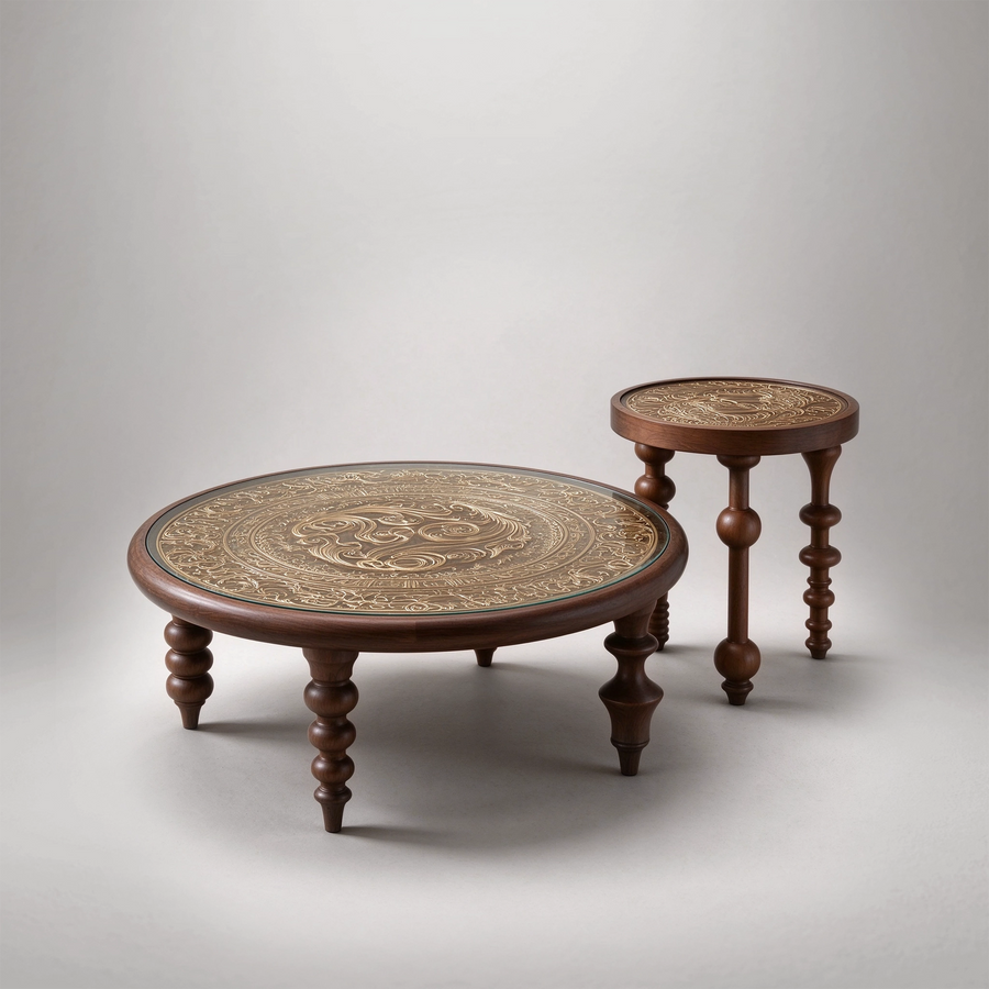 2-Piece Round Nesting Coffee Table Set, Solid Ash Wood with 3D Carved Wood & Glass Tops
