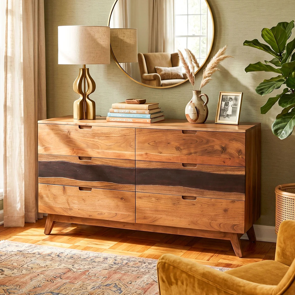 Pre-assembled 6-Drawer 59-Inch Mid-Century Dresser