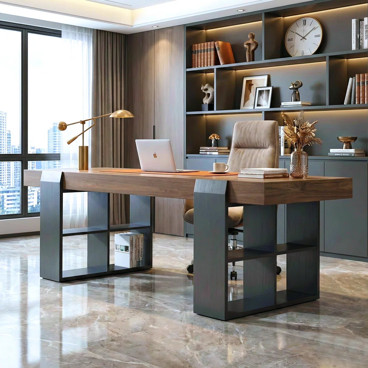 71" Modern Walnut Executive Desk with Integrated Storage Shelves & Concealed Drawers,Computer Office Table with Cable Management