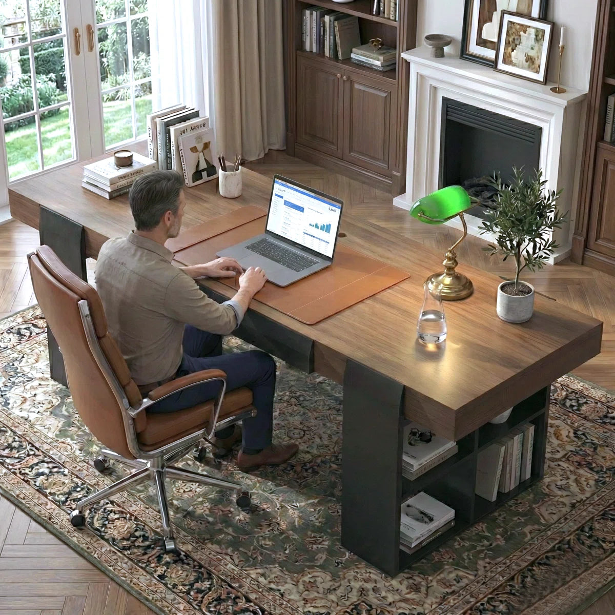 71" Modern Walnut Executive Desk with Integrated Storage Shelves & Concealed Drawers,Computer Office Table with Cable Management