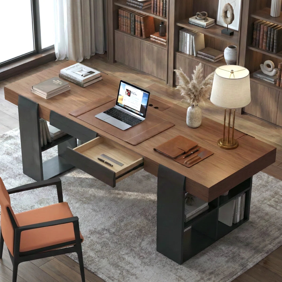 71" Modern Walnut Executive Desk with Integrated Storage Shelves & Concealed Drawers,Computer Office Table with Cable Management
