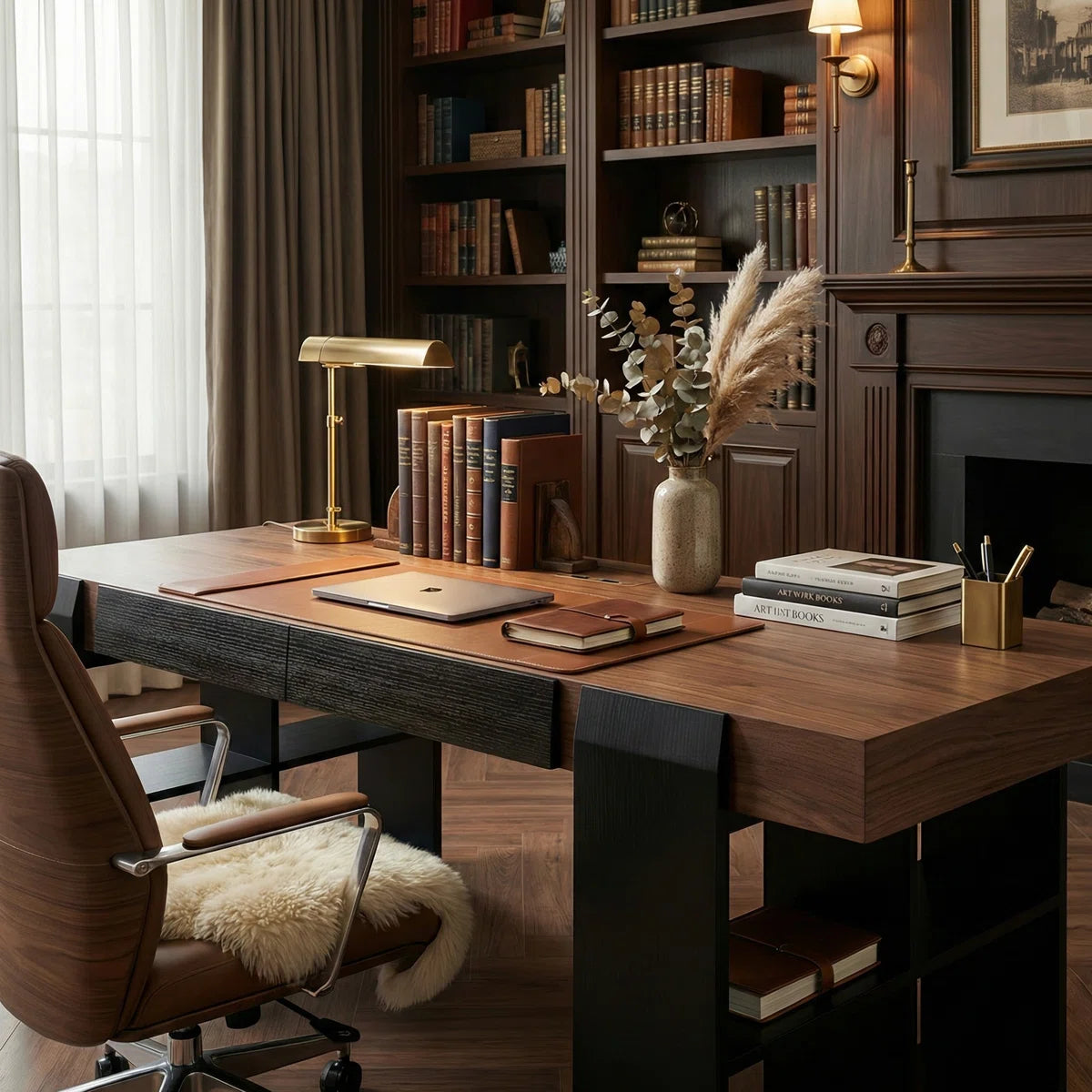 71" Modern Walnut Executive Desk with Integrated Storage Shelves & Concealed Drawers,Computer Office Table with Cable Management