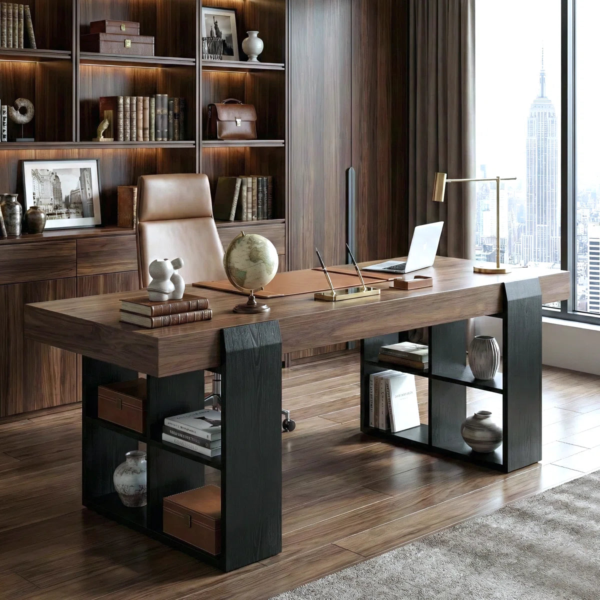 71" Modern Walnut Executive Desk with Integrated Storage Shelves & Concealed Drawers,Computer Office Table with Cable Management