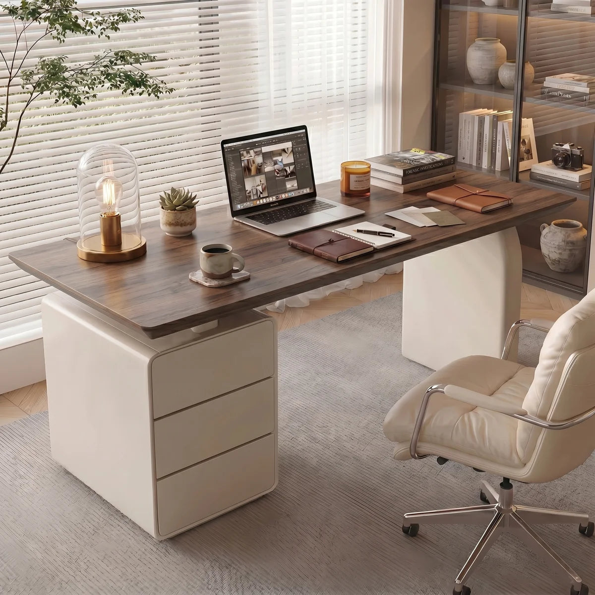 Modern Wood Writing Desk with Storage Drawers, 70.86'' Large Home Office Desk with Built-in 3 Drawer Cabinet