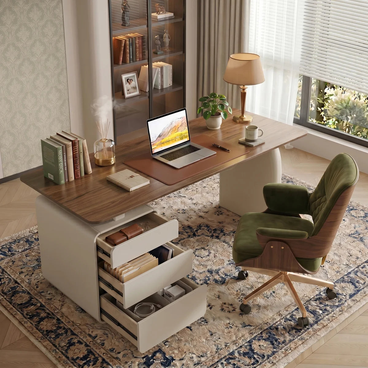 Modern Wood Writing Desk with Storage Drawers, 70.86'' Large Home Office Desk with Built-in 3 Drawer Cabinet